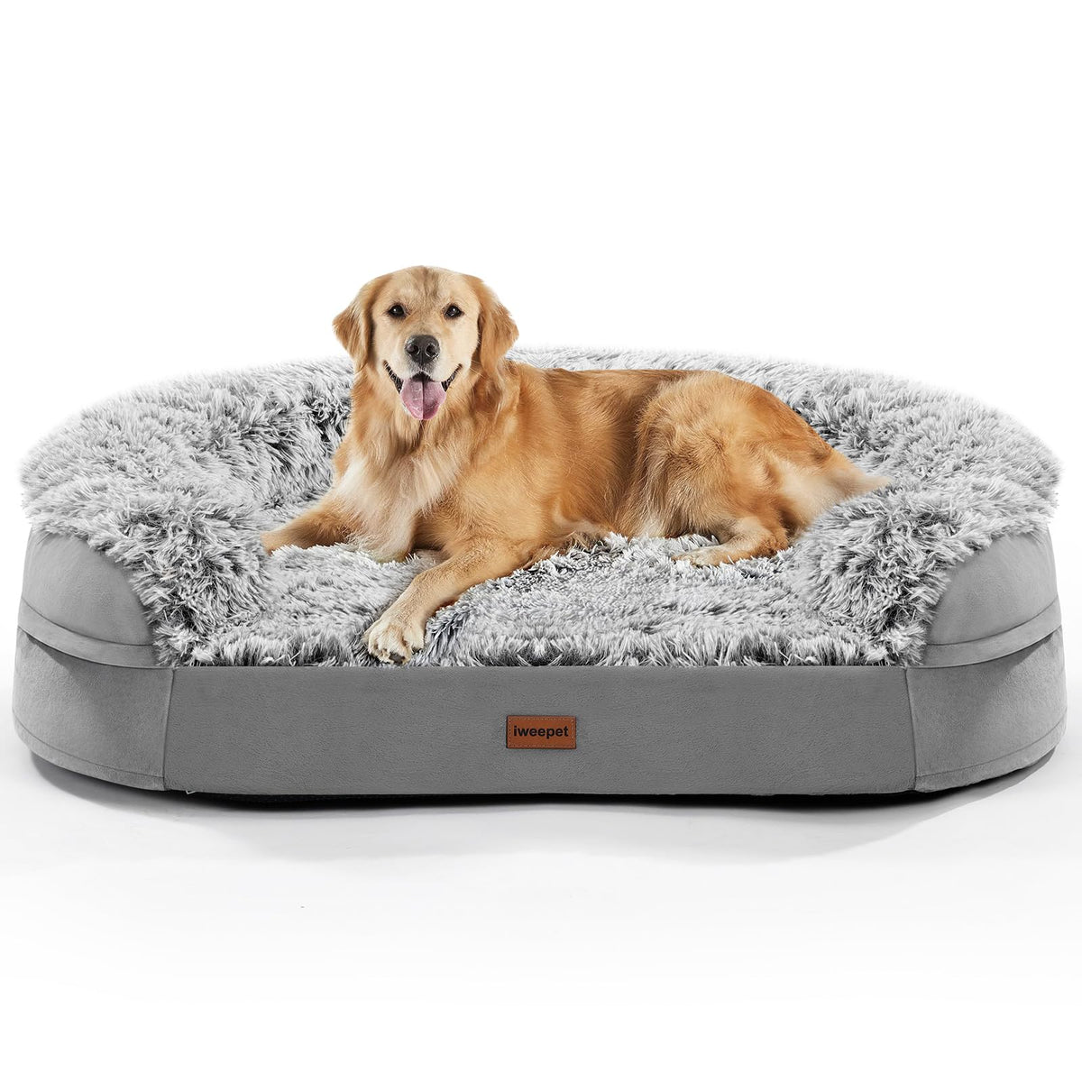 iweepet Fluffy Orthopedic Dog Beds for Large & Extra Large Dogs, 41" Calming Dog Sofa Bed with Supportive 28D Egg-Crate Foam, Removable Washable Cover, Waterproof Lining, for Puppy,Senior,Sick