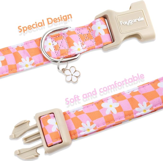 Faygarsle Floral Dog Collar, Pink and Orange Pattern with White Flowers, Spring Summer Design for Small Medium Large Dogs, L