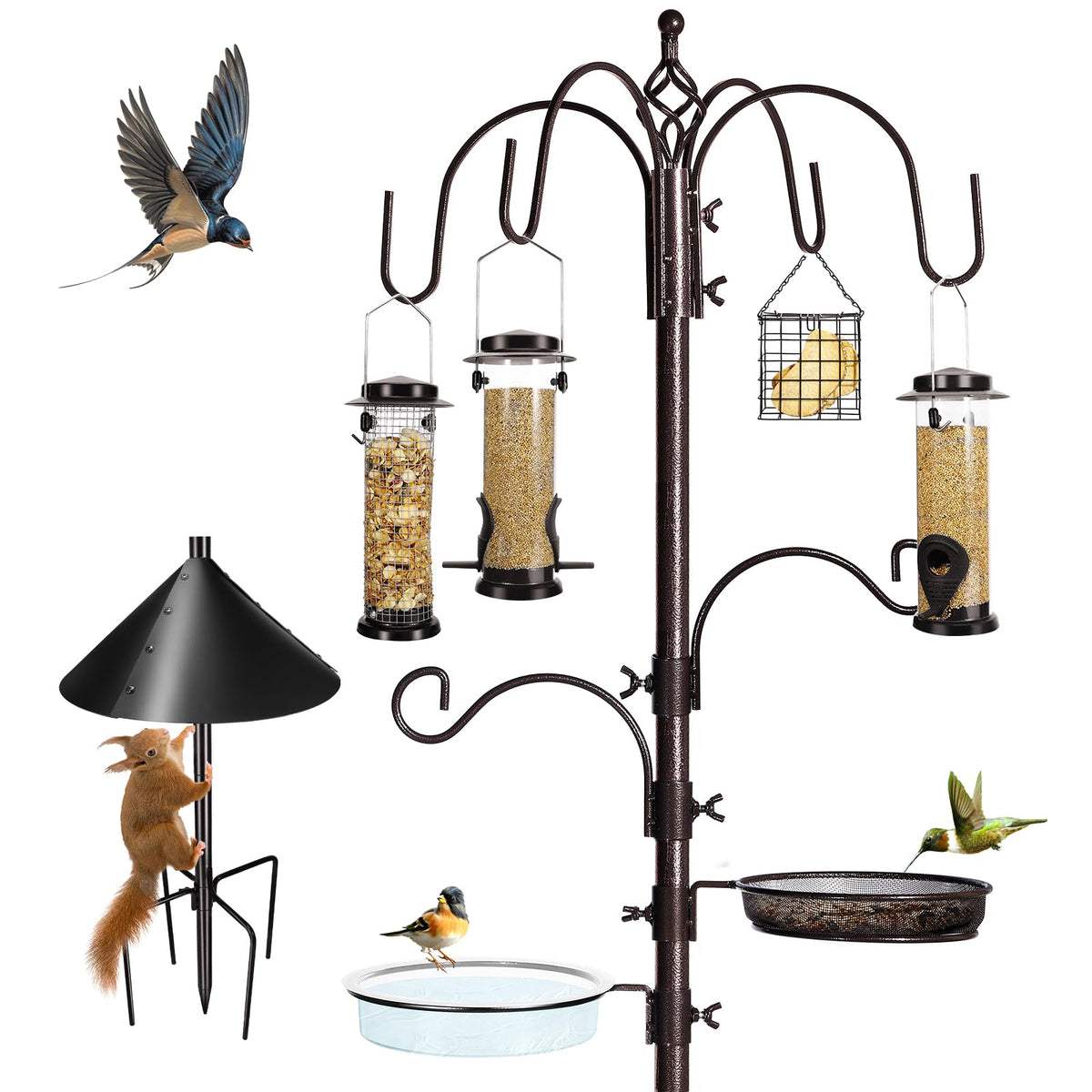 YINGYM 6-Hook Bird Feeding Station Kit with Squirrel Baffle, 94 Inch