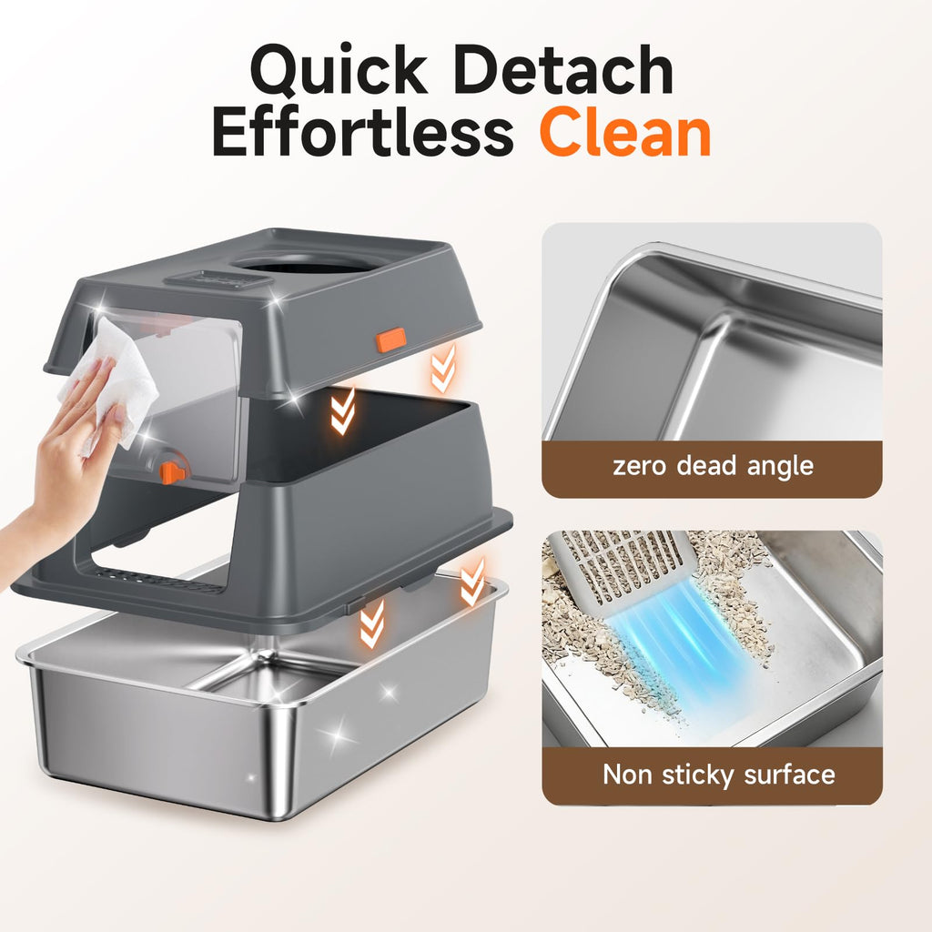 Tevila XL Enclosed Stainless Steel Litter Box with Lid, Dark Gray