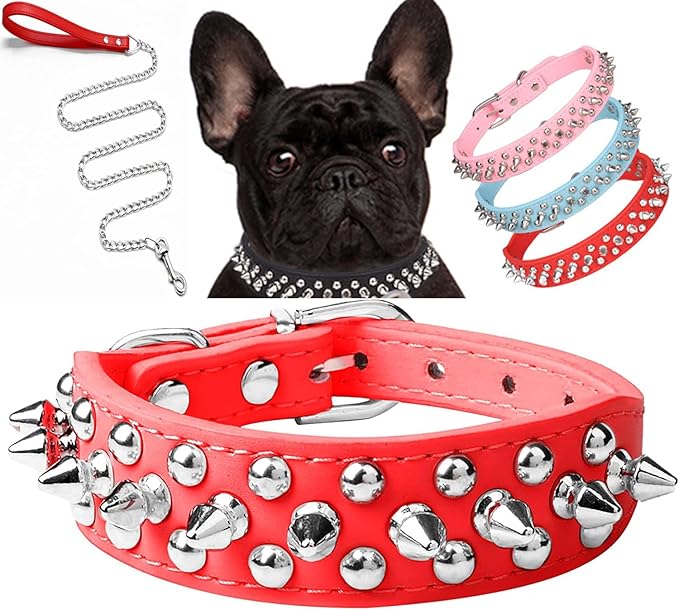 haoyueer Spiked Dog Collar Soft Pu Leather Mushrooms Rivet Spike Studded Puppy Adjustable Pet Collars for Small Breeds (M, Red Set)