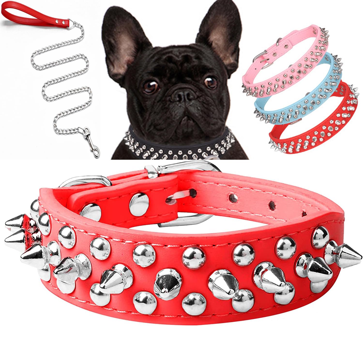 haoyueer Spiked Dog Collar Soft Pu Leather Mushrooms Rivet Spike Studded Puppy Adjustable Pet Collars for Small Breeds (M, Red Set)