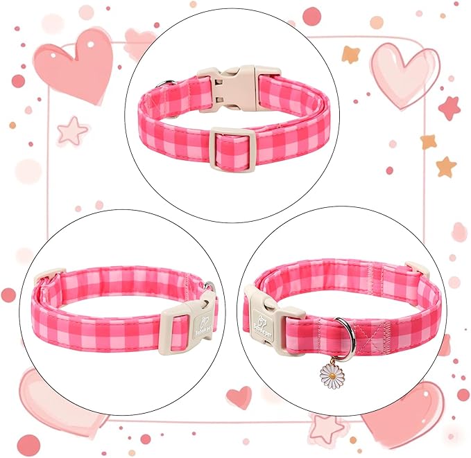 Babole Pet Girl Dog Collar for Giant Large Dogs - Cute Pink Plaid Puppy Collar, Soft Adjustable Spring Summer Female Dog Collars with Quick Release Buckle XL