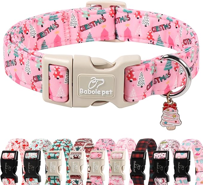 Babole Pet Christmas Dog Collar for Puppy Small Dogs - Cute Xmas Tree Print Pink Christmas Collars for Dogs, Soft Adjustable Winter Holiday Dog Collars with Quick Release Buckle XS