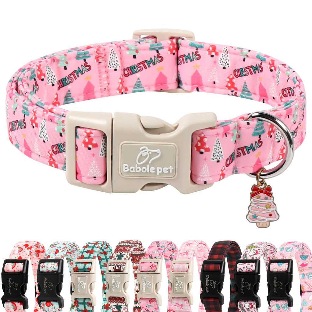 Babole Pet Christmas Dog Collar for Puppy Small Dogs - Cute Xmas Tree Print Pink Christmas Collars for Dogs, Soft Adjustable Winter Holiday Dog Collars with Quick Release Buckle XS