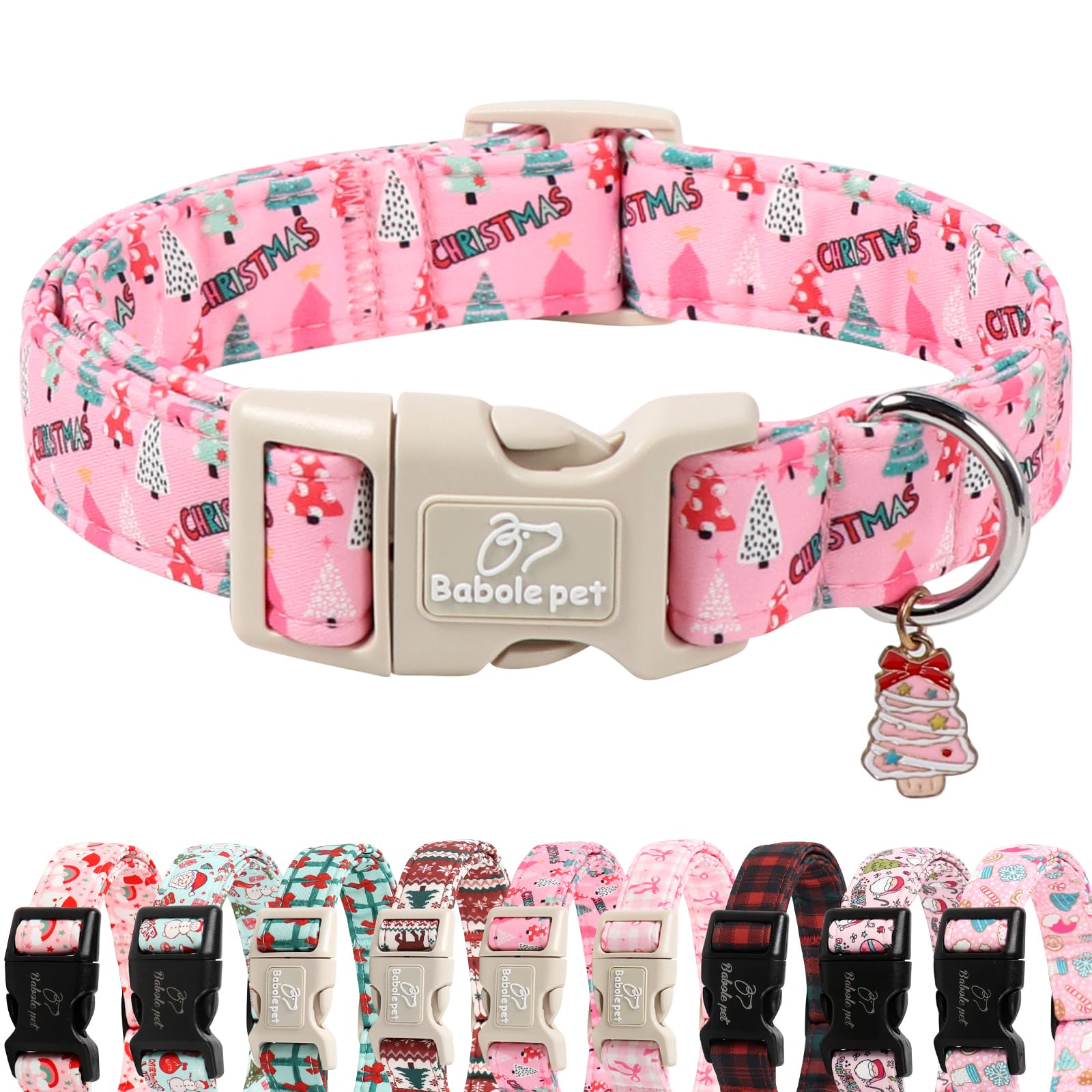 Babole Pet Christmas Dog Collar for Puppy Small Dogs - Cute Xmas Tree Print Pink Christmas Collars for Dogs, Soft Adjustable Winter Holiday Dog Collars with Quick Release Buckle XS