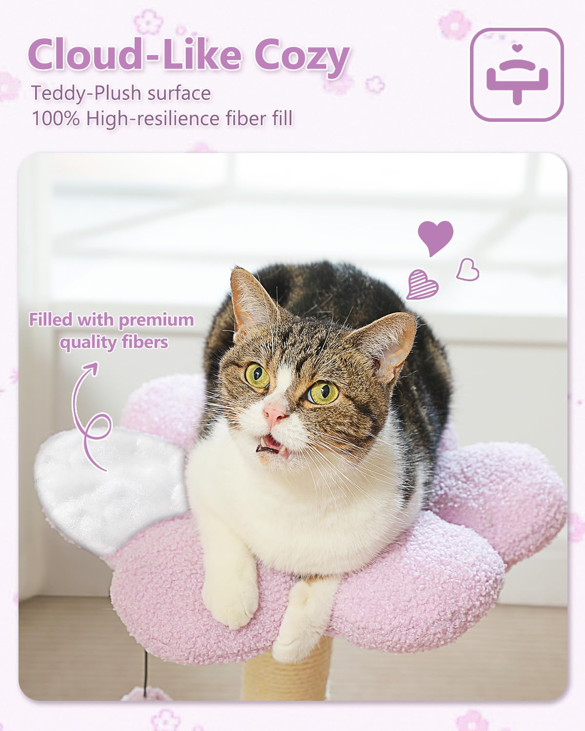 MUTTROS Flower Cat Scratching Post, 28" Cute Cat Tree Tower for Indoor Cats with Large Hammock Soft Perch Bed, Replaceable Toy Ball for Kittens, Purple