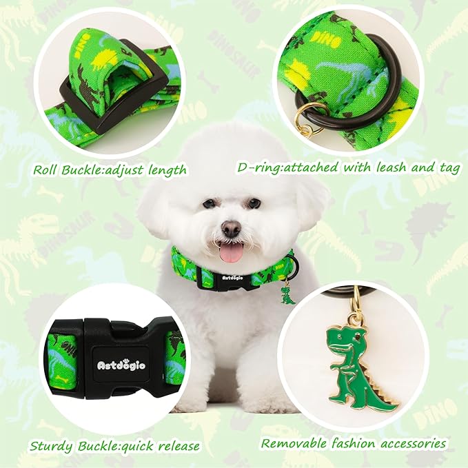 Astdogio Dog Collars for Small Medium Dogs, Dinosaur Dog Collars for Male Dogs，Adjustable Cotton Boy Dog Collars for Small Dogs，Ideal, Daily Photos & Pet Fashion Accessory, S