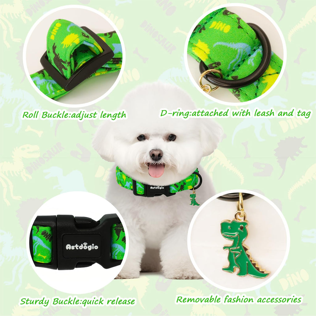 Astdogio Dog Collars for Small Medium Dogs, Dinosaur Dog Collars for Male Dogs，Adjustable Cotton Boy Dog Collars for Small Dogs，Ideal, Daily Photos & Pet Fashion Accessory, S