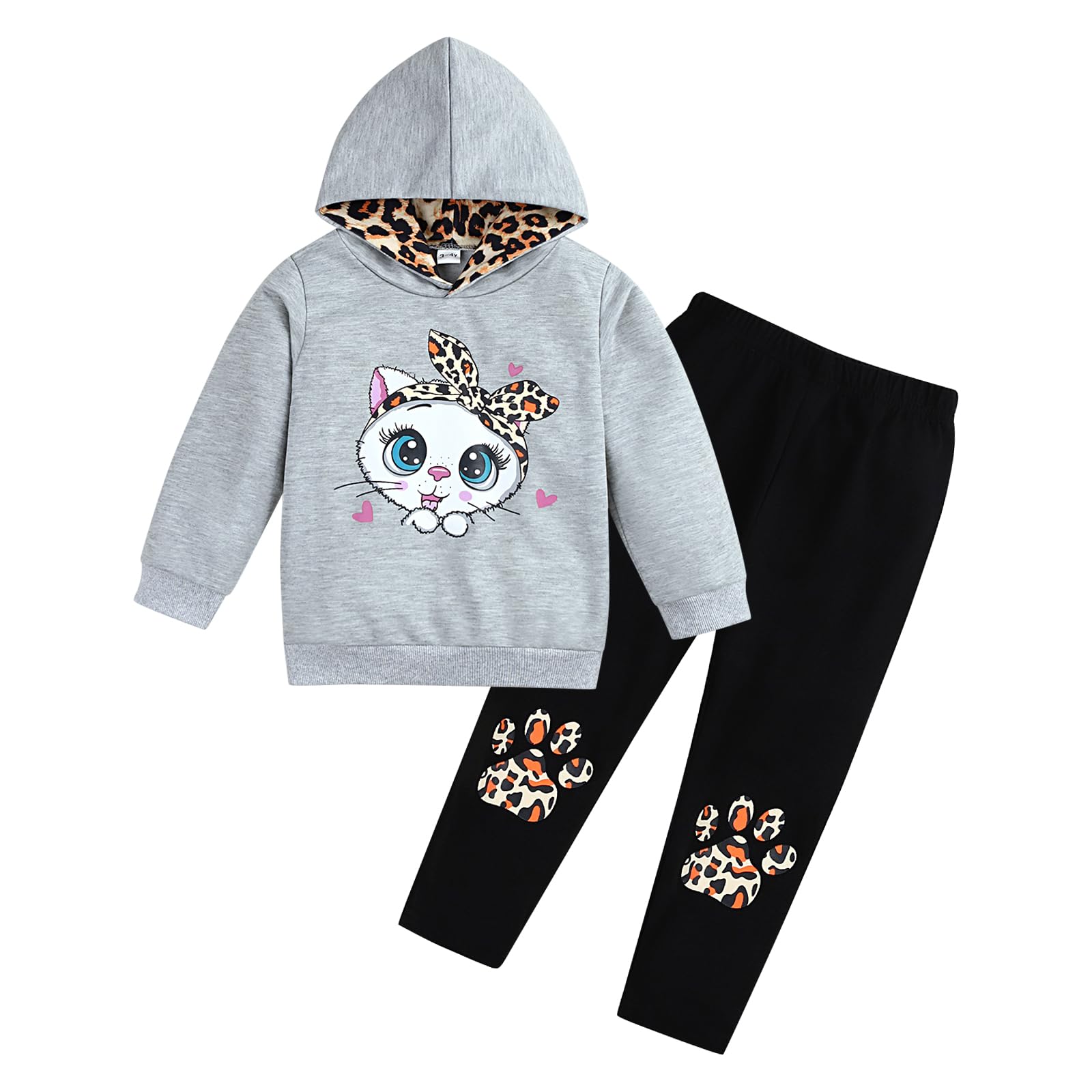 Axumity Toddler Girl Clothes Cat Print Pullover Sweatshirt + Leopard Print Pant 2-Piece Kid Girl Fall Winter Pants Set(3-4T)