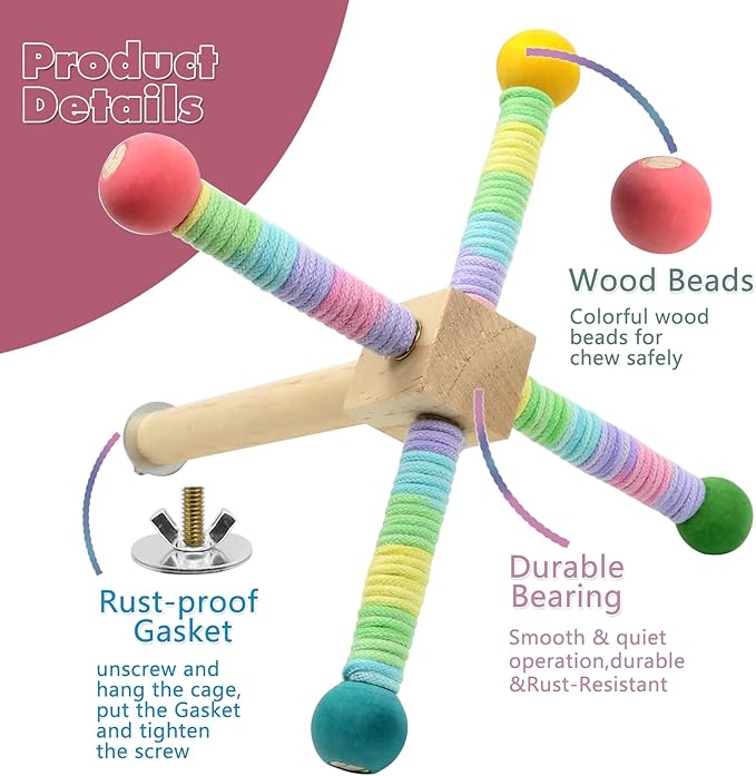 FAILUN Upgraded Parrot Perch Toy,Rotating Bird Perch Stand with Chew Ball Toy for Small&Medium Birds,Bird Cage Accessories for Parakeets Cockatiels Lovebirds Conures Finches Budgies (Rainbow Colors)
