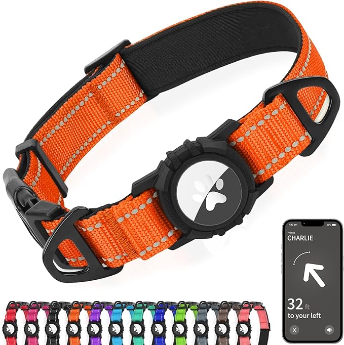Joytale Airtag Dog Collar, Reflective Pet Collar with Waterproof AirTag Holder, Dual D-Rings, Soft Padded Adjustable for Extra Small and Puppy Dogs, Orange, XS