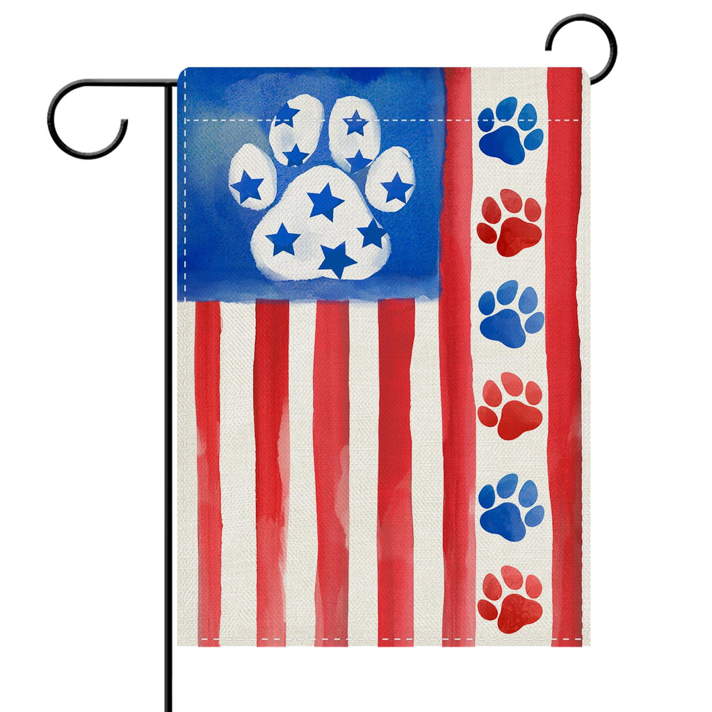 Dyrenson 4th of July Dog Cat Paw Prints Decorative Garden Flag, Patriotic