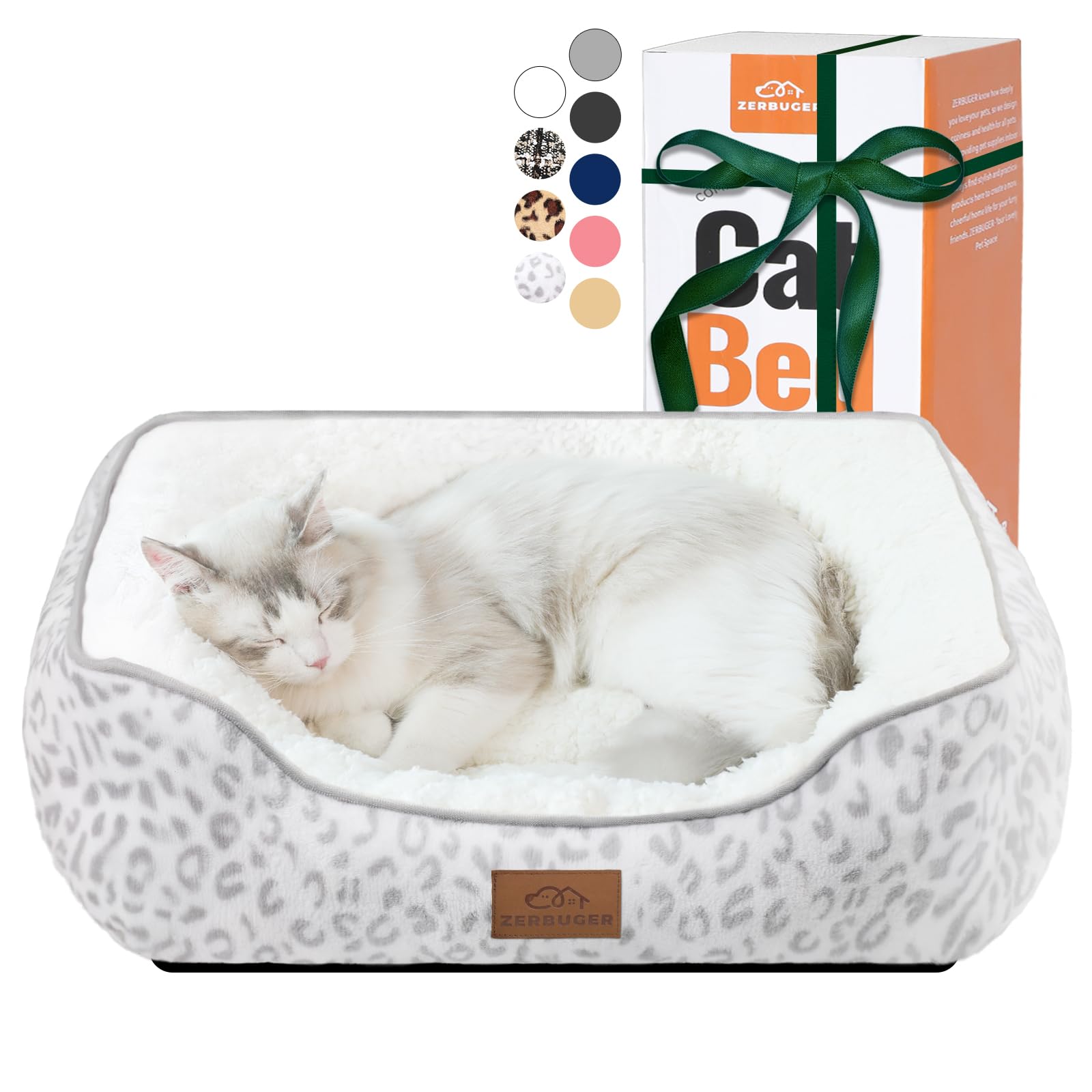 Zerbuger Rectangle Cat Dog Bed for Large Medium Small Pets Indoor Outdoor Machine Washable Sleeping Sofa Non-Slip Bottom Soft Puppy Bed Durable Orthopedic Calming Pet Cuddler (Small, White Leopard)