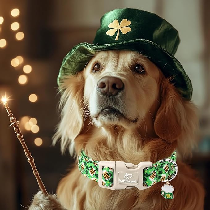 St Patricks Day Dog Collar for Large Dogs - Green Beer Shamrock Dog Collars for Boys&Girls Dogs, Adjustable Irish Clover Puppy Collar with Quick Release Buckle L