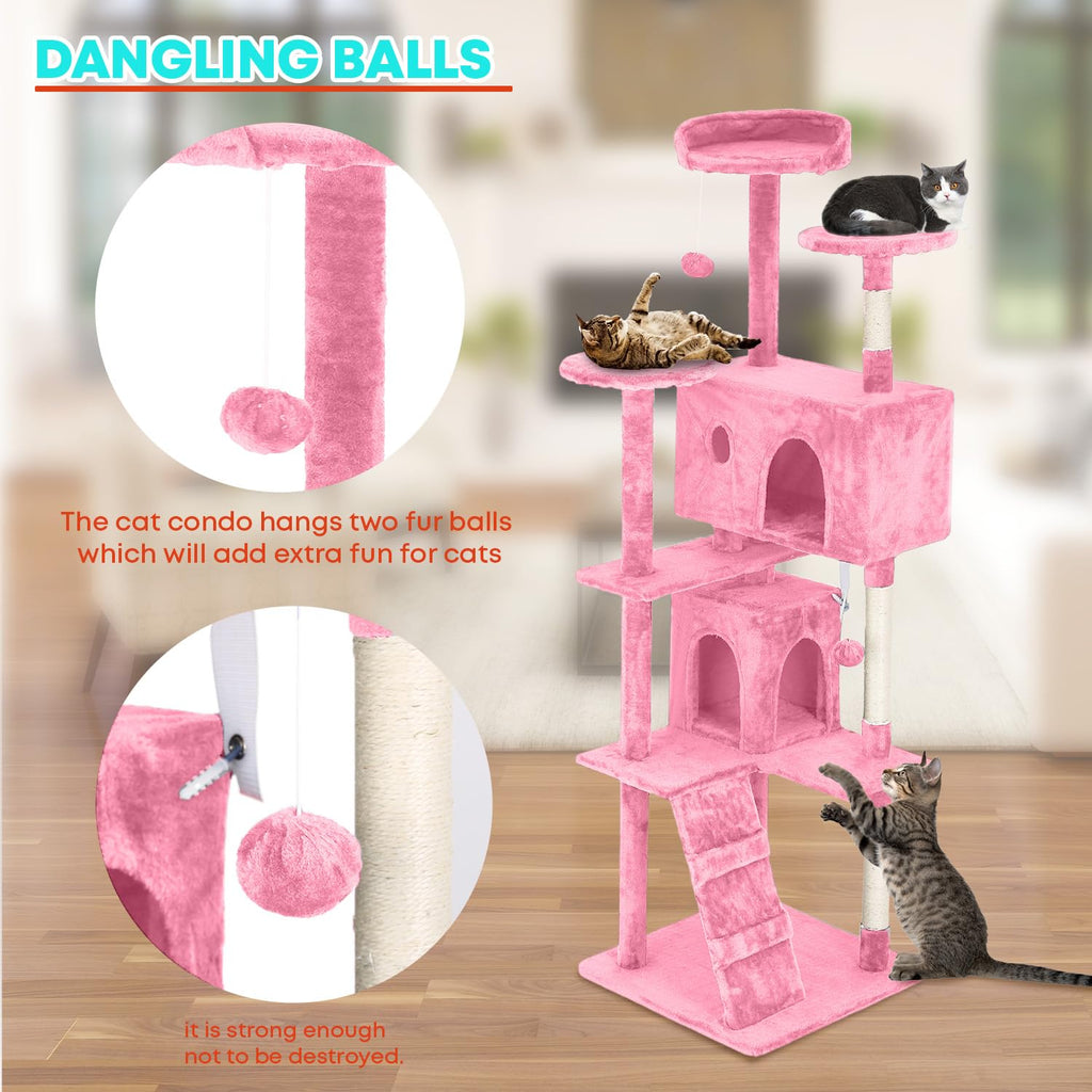 FDW | 70" Cat Tree Tower | Pink | Multi-Level Indoor Activity Center with Sisal Scratching Posts, Condos, Plush Perches, Hanging Cat Toys | Sturdy, Easy to Assemble | for Kittens & Adult Cats