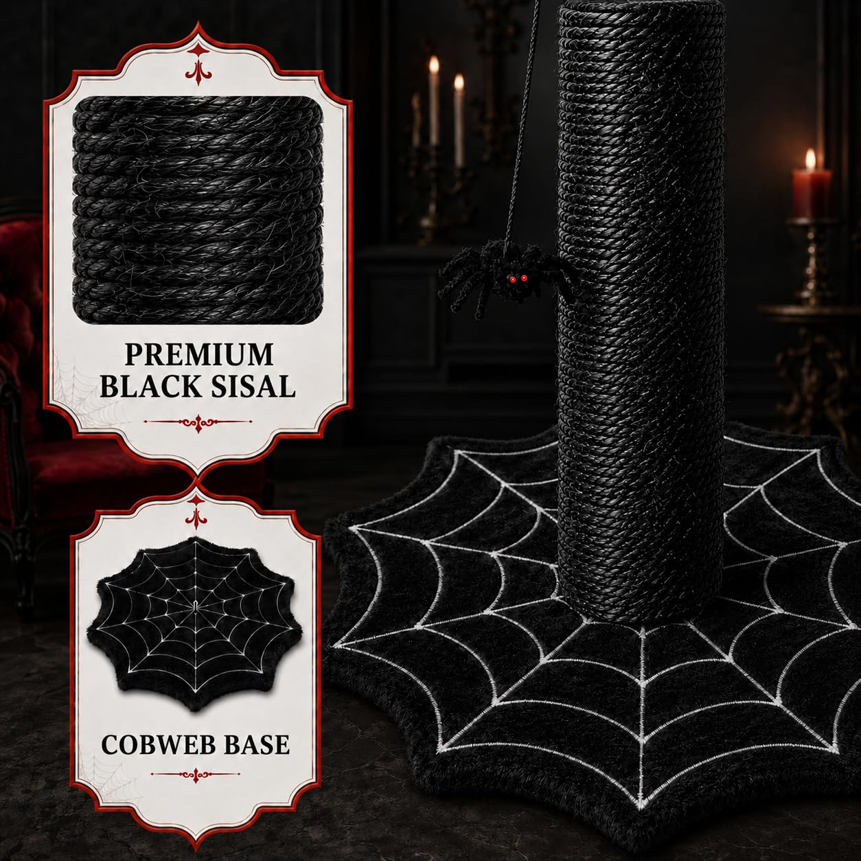 PuzzlePaw Gothic Cat Scratching Post with Spider Toys for Indoor Large Cats