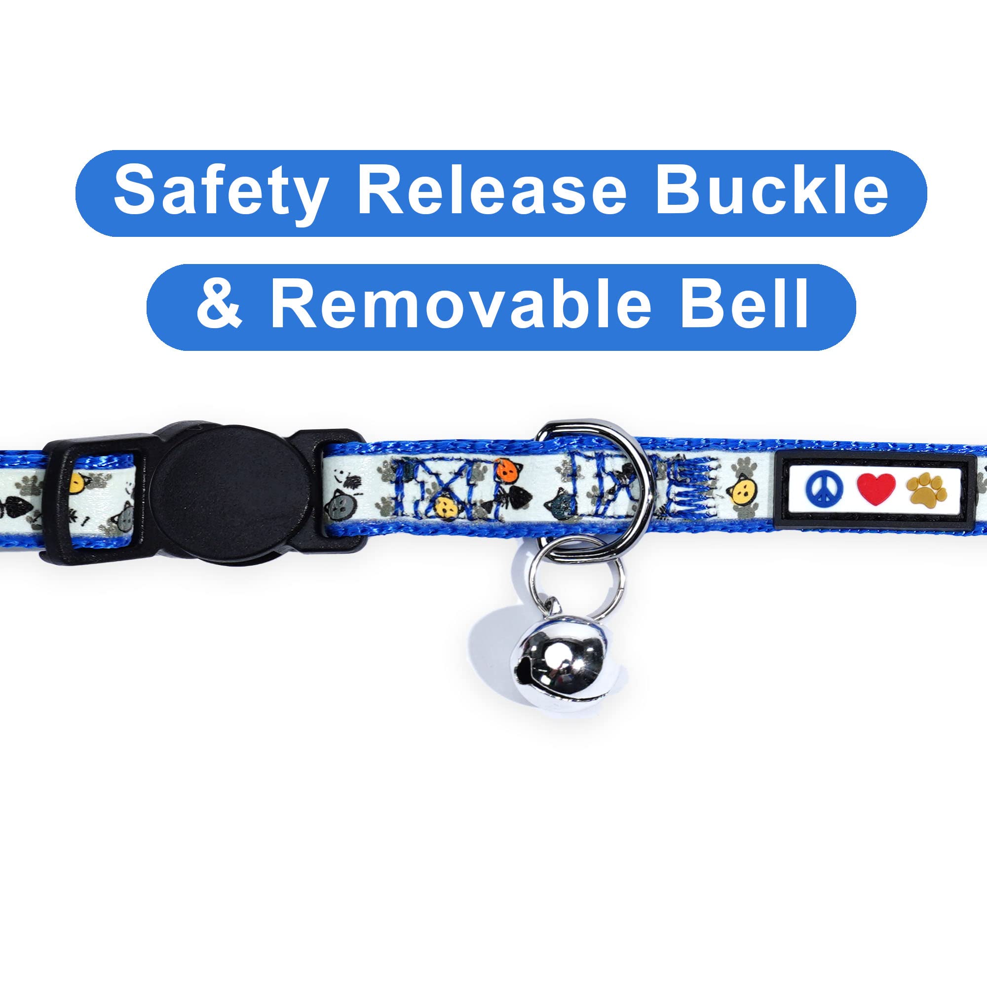 Pawtitas Glow in the Dark Cat Collar with Breakaway Safety Buckle & Bell Adjustable Kitten Collar, Blue