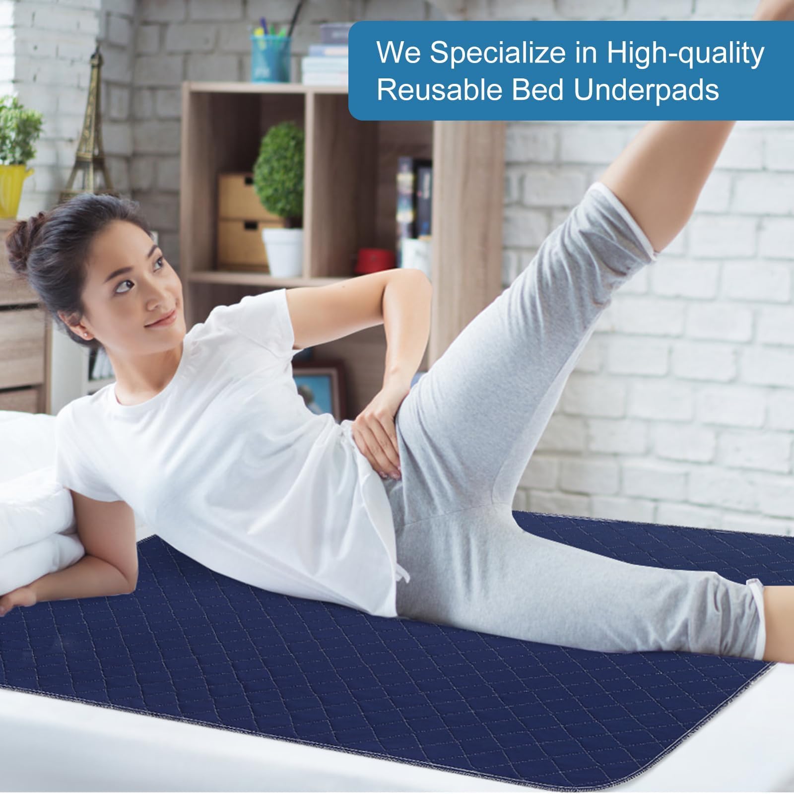 OUTCREATOR® Washable Bed Pads 34" x 76" (Pack of 2), Incontinence Mattress Protector, Anti-Slip Waterproof Underpads for Adults Kids Elderly Pets, Absorbency & Reusable Bedwetting Pads (Dark Blue)
