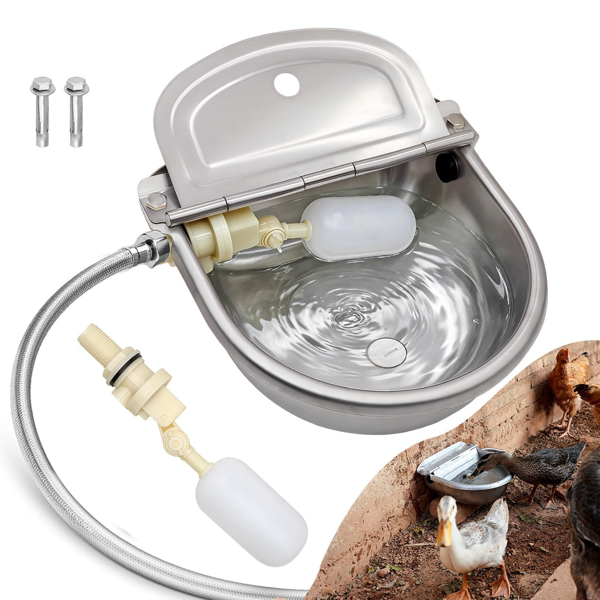 Automatic Water Dispenser for Dog Water Bowl Dispenser Large Size Stainless-Steel Waterer Feeder Self Filling Water Trough for Poultry and Livestock (Metallic Gray, Large)