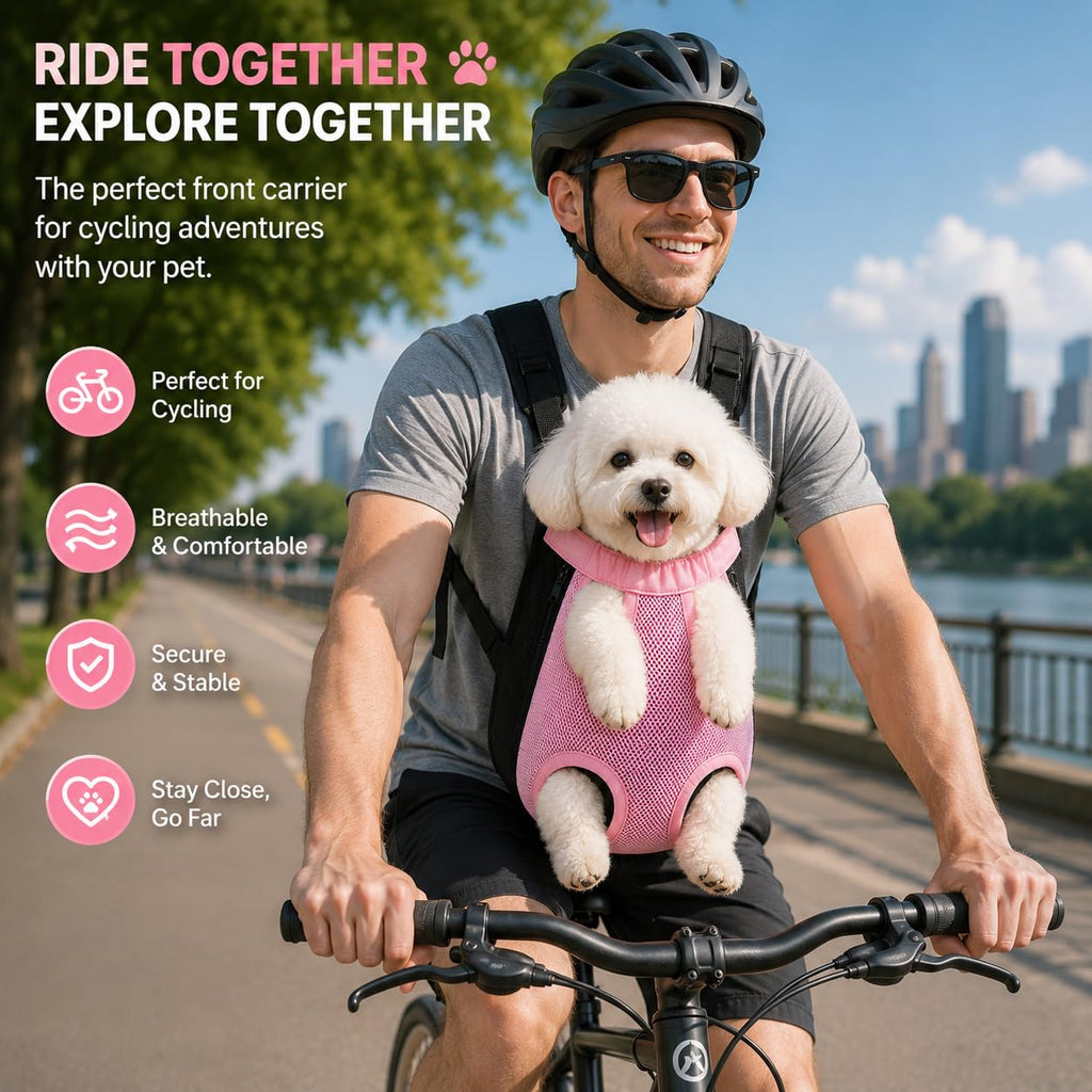 Pet Front Carrier for Small Dogs & Cats, Breathable Legs-Out Riding Carrier for Cycling, Walking & Outdoor Travel, Adjustable Hands-Free Pet Carrier Backpack, Pink