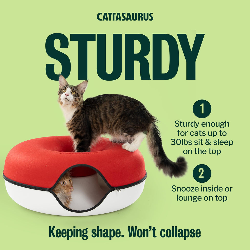 Cattasaurus Peekaboo Cat Cave, Extra Spacious for Multiple & Large Cats 12+ lbs, Scratch Detachable Cat Beds for Indoor Cats, Washable Tunnel Bed, Comfy Donut Tunnel (Ruby Snowball, Jumbo)