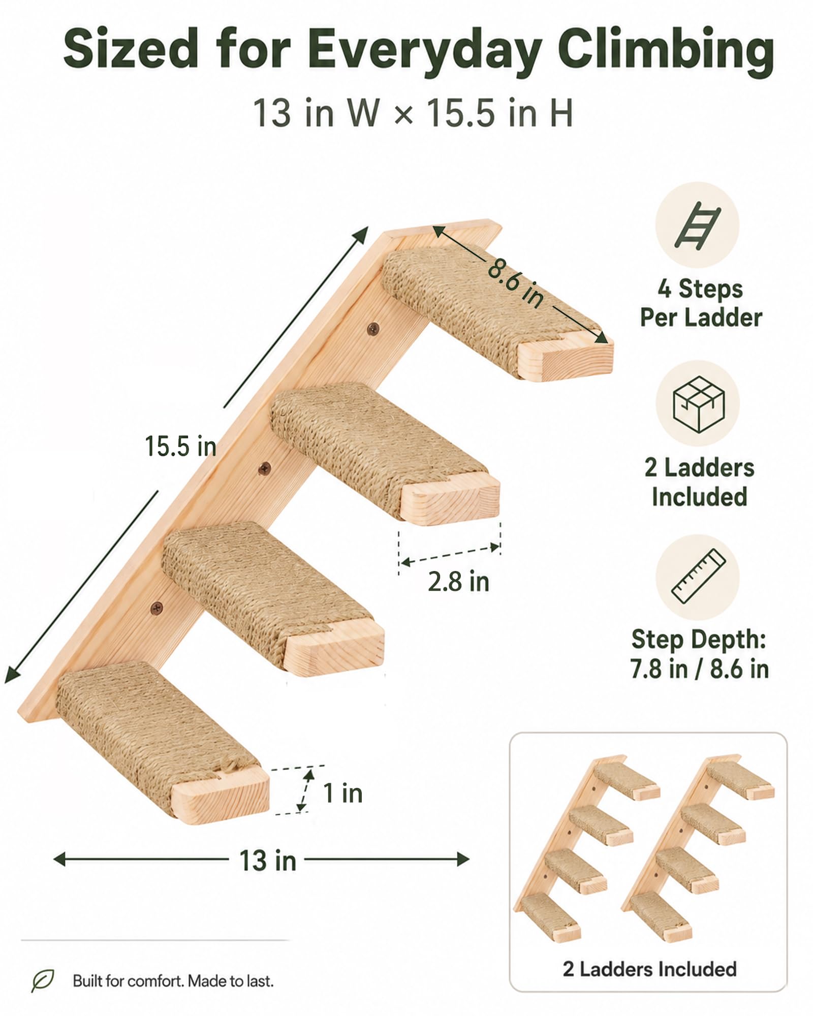 Cat Climbing Stair Shelf, Wall Mounted Reversible Ladder 2PCS 4 Steps