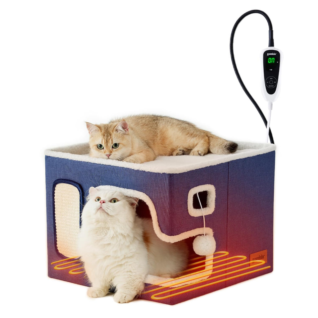 ZOMISIA Heated Cat House for Indoor Cats - Cat Warming Bed for Winter with Fluffy Ball Hanging and Adjustable Heating Pad, Foldable Cat Hideaway,16.5x16.5x13 inches, Navy Blue