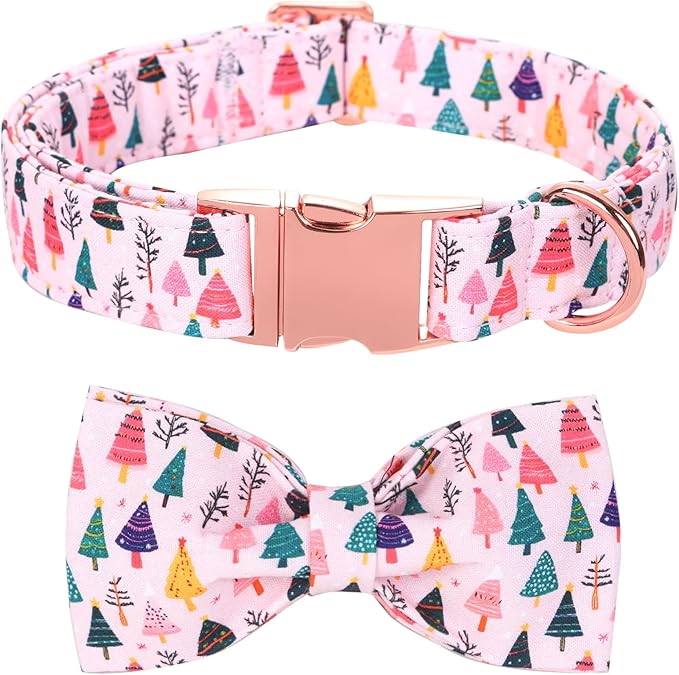 Bobo Rainbow Christmas Dog Collar, Pink Christmas Tree Soft Comfortable Collars with Bow Adjustable Pet Collar with Premium Metal Buckle Puppy Necklace for X-Small Girl Dogs