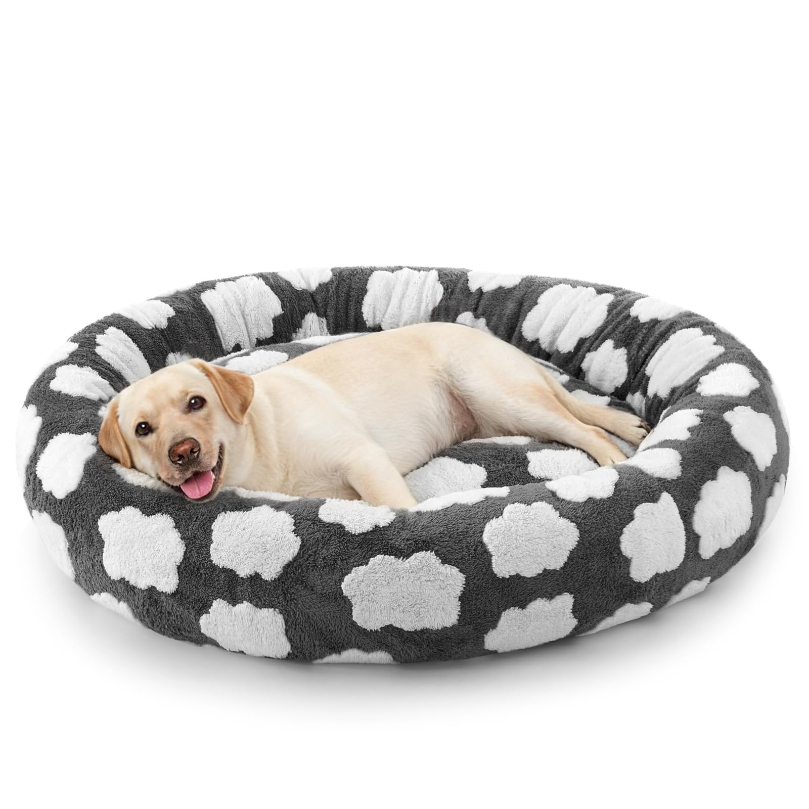 JOEJOY Jacquard Donut Round Dog Beds Large Sized Dog,Grey 36x36x8in, Removable Washable Cover, Cute Pattern, Ultra Soft Fluffy Calming Pet Bed with Thick Supportive Bolster