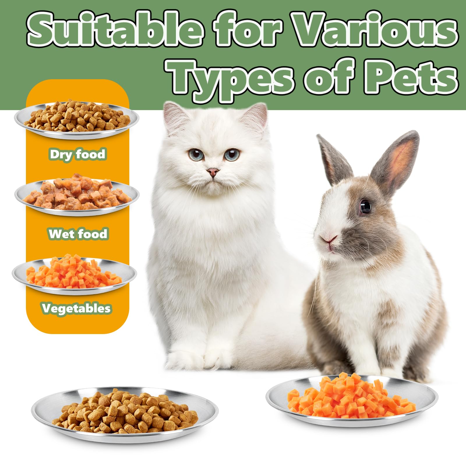 Petdream 8-Pack Stainless Steel Cat Food Bowls, Shallow Whisker-Friendly Non-Slip Silicone Base Metal Dishes, Easy to Clean Indoor Feeding Flat Plates for Cat, Kitten, Small Dog (6.7")