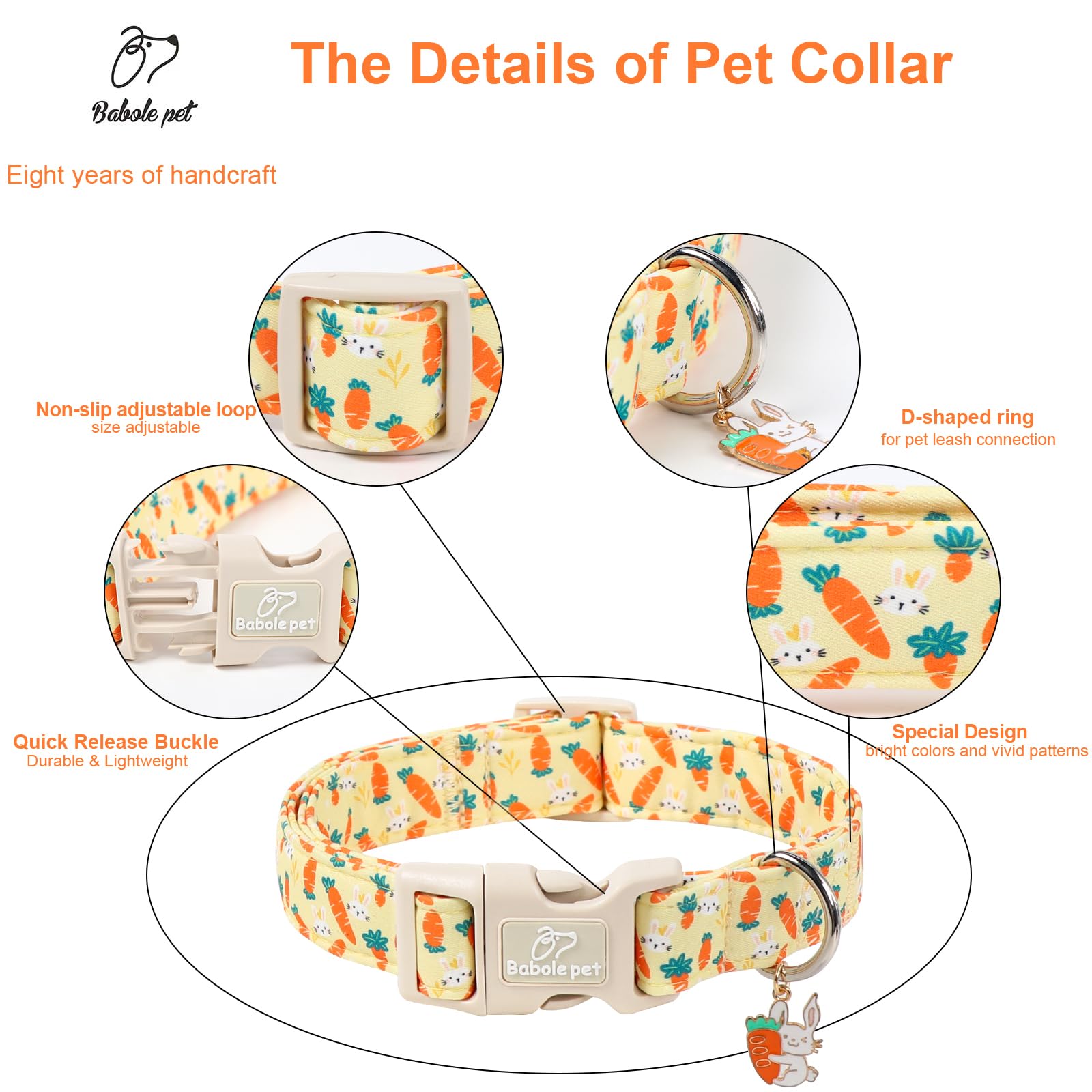 Babole Pet Easter Dog Collar for Giant Large Dogs - Cute Carrot Bunny Easter Collars for Boy Girl Dogs, Lightweight Adjustable Yellow Cartoon Holiday Dog Collar XL