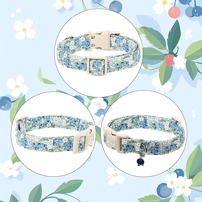 Blueberry Pattern Dog Collar, Cute Light Blue Spring Summer Puppy Collar - Soft Adjustable Designer Dog Collars for Small Medium Large Dogs S