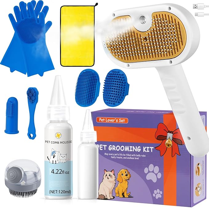 Pet Steam Brush for Dog & Cat – 3-in-1 Spray Hair Removal for Grooming, Softens Fur & Reduces Static 2*Shampoo(Steam Brush not Included)
