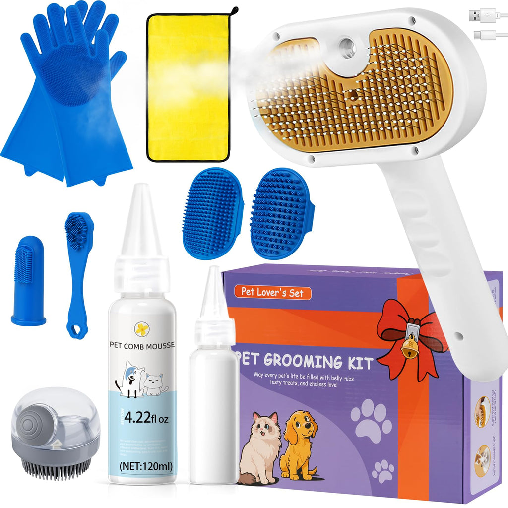 Pet Steam Brush for Dog & Cat – 3-in-1 Spray Hair Removal for Grooming, Softens Fur & Reduces Static 2*Shampoo(Steam Brush not Included)
