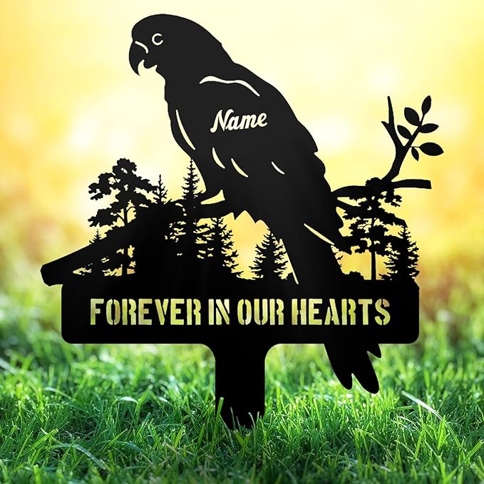 Custom Parrot Memorial Metal Stake – Personalized Grave Marker for Parrots, Bird Memorial Garden Decor, Sympathy Sign for Parrot Loss, Remembrance Keepsake Gifts, Metal Tombstone