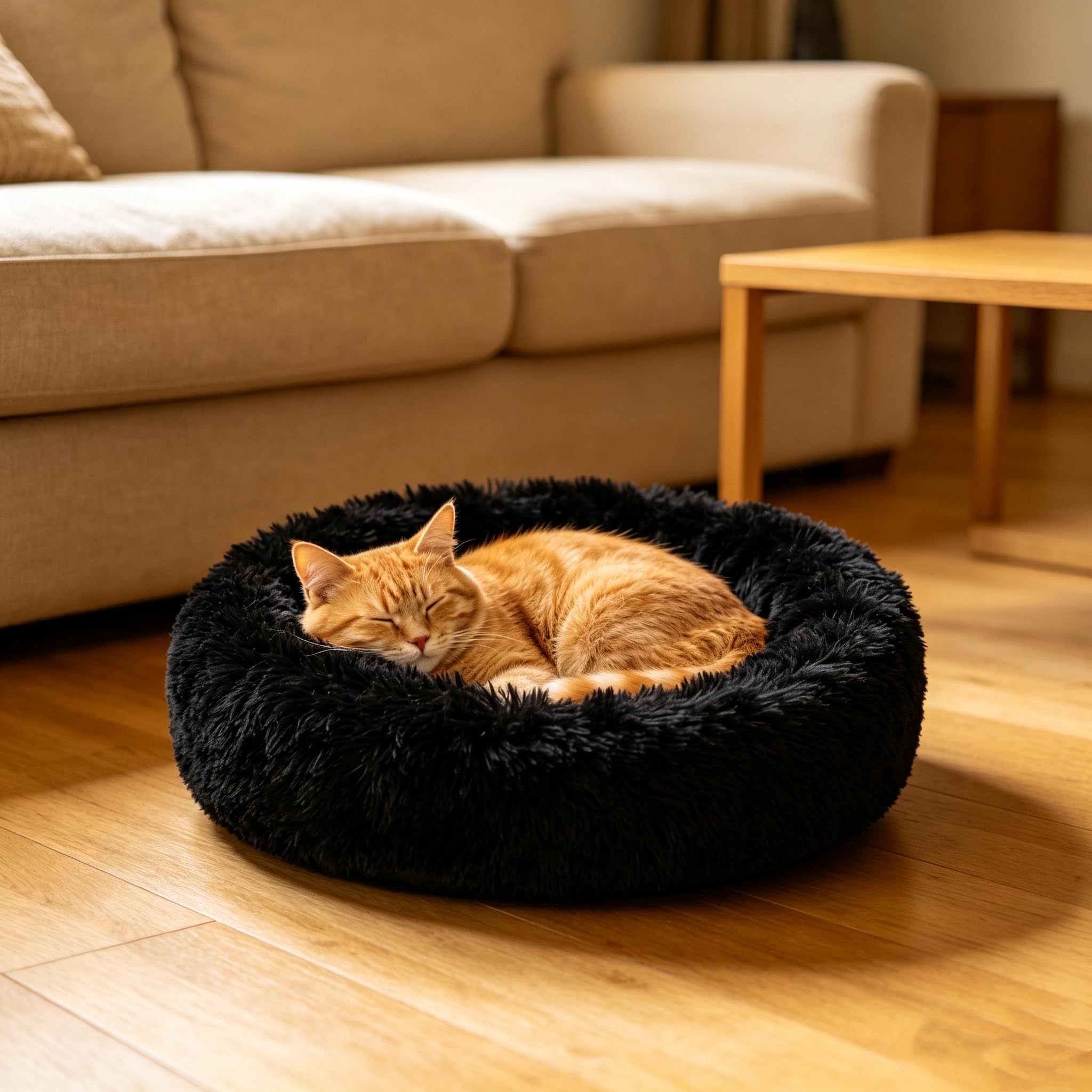 Cat Beds for Indoor Cats - Cat Bed Washable 24 inches, Dog Beds for Small Medium Dogs, Anti Anxiety Round Fluffy Plush Faux Fur Cat Bed, Thick Bottom (Dark, Large 24" L x 24" W)
