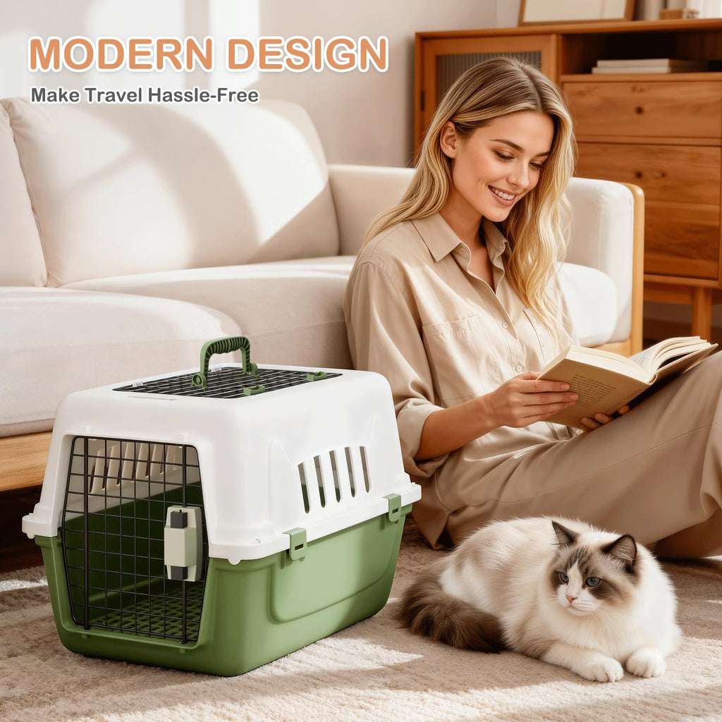 MoNiBloom 22-Inch Dog Crate Plastic 2-Door Top Loading Cat Carrier, Hard-Sided Dog Travel Carrier for Small Dogs and Cats, Ventilation and Security Lock Design for Pets up to 22 lbs (Green)