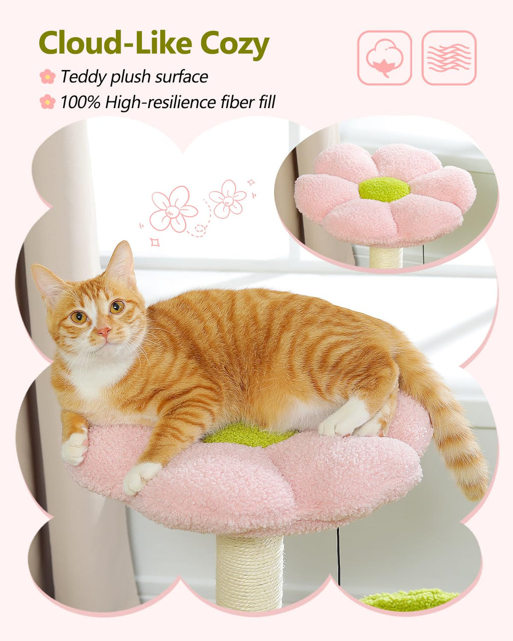 MUTTROS Flower Cat Tree, 28" Cat Tower with Cozy Flower Perch, Large Hammock for Indoor Small Cats, Cute Cat Tree with Sisal Scratching Post and Fur Toy Ball for Kittens, Pink