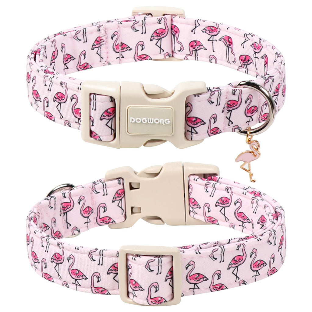 DOGWONG Cute Pet Dog Collar Pink Flamingos Cotton Dog Collar- Soft Girl Puppy Adjustable Pet Collars for Small Medium Large Dogs,S