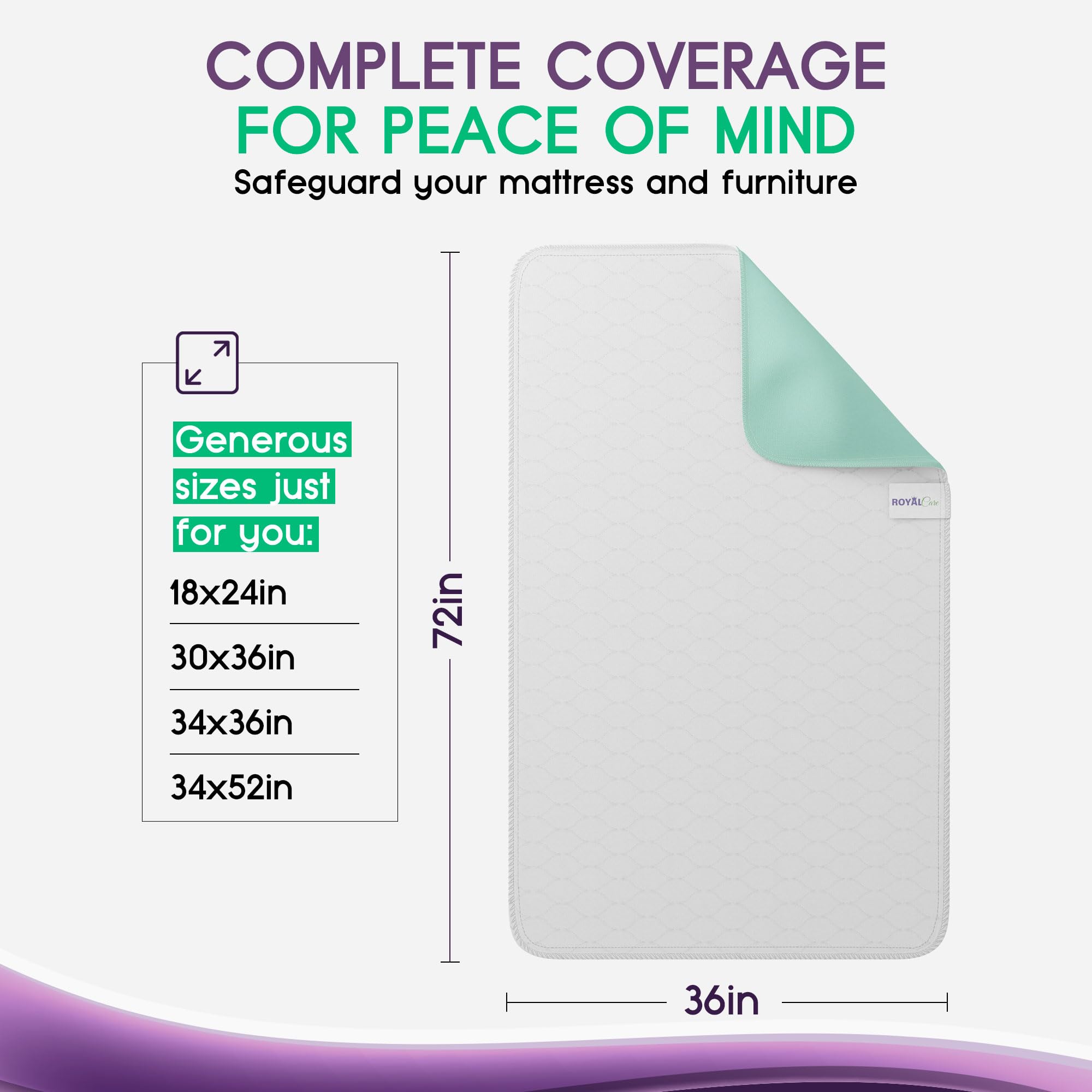 Incontinence Bed Pads - Big Size - Reusable Waterproof Underpad Chair, Sofa and Mattress Protectors - Highly Absorbent, Machine Washable - for Children, Pets and Seniors (36x72 (Pack of 1), Green)