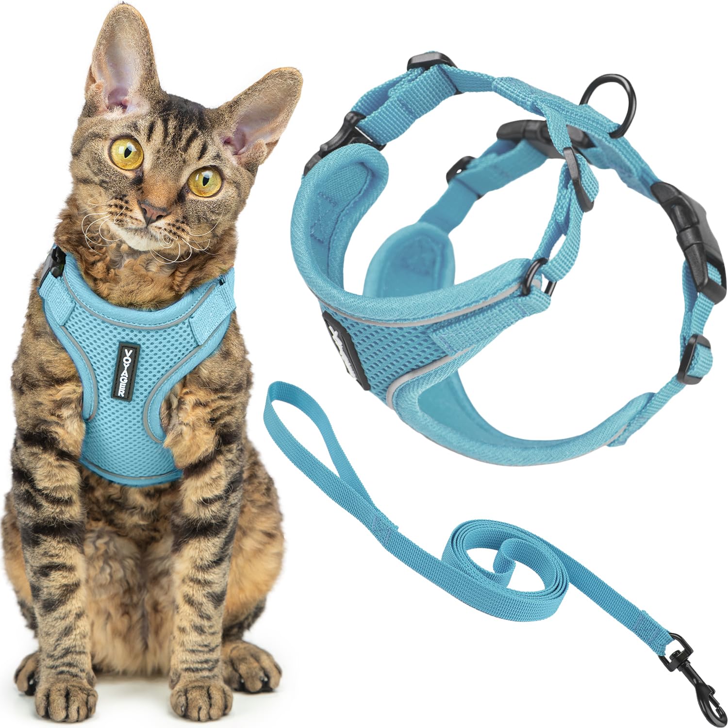Voyager Escape-Proof Step-in Lock Cat Harness & 5ft Neoprene-Handle Leash Set All-Weather Mesh with Reflective Stitching for Small to Large Cats by Best Pet Supplies, Baby Blue (327), XXS