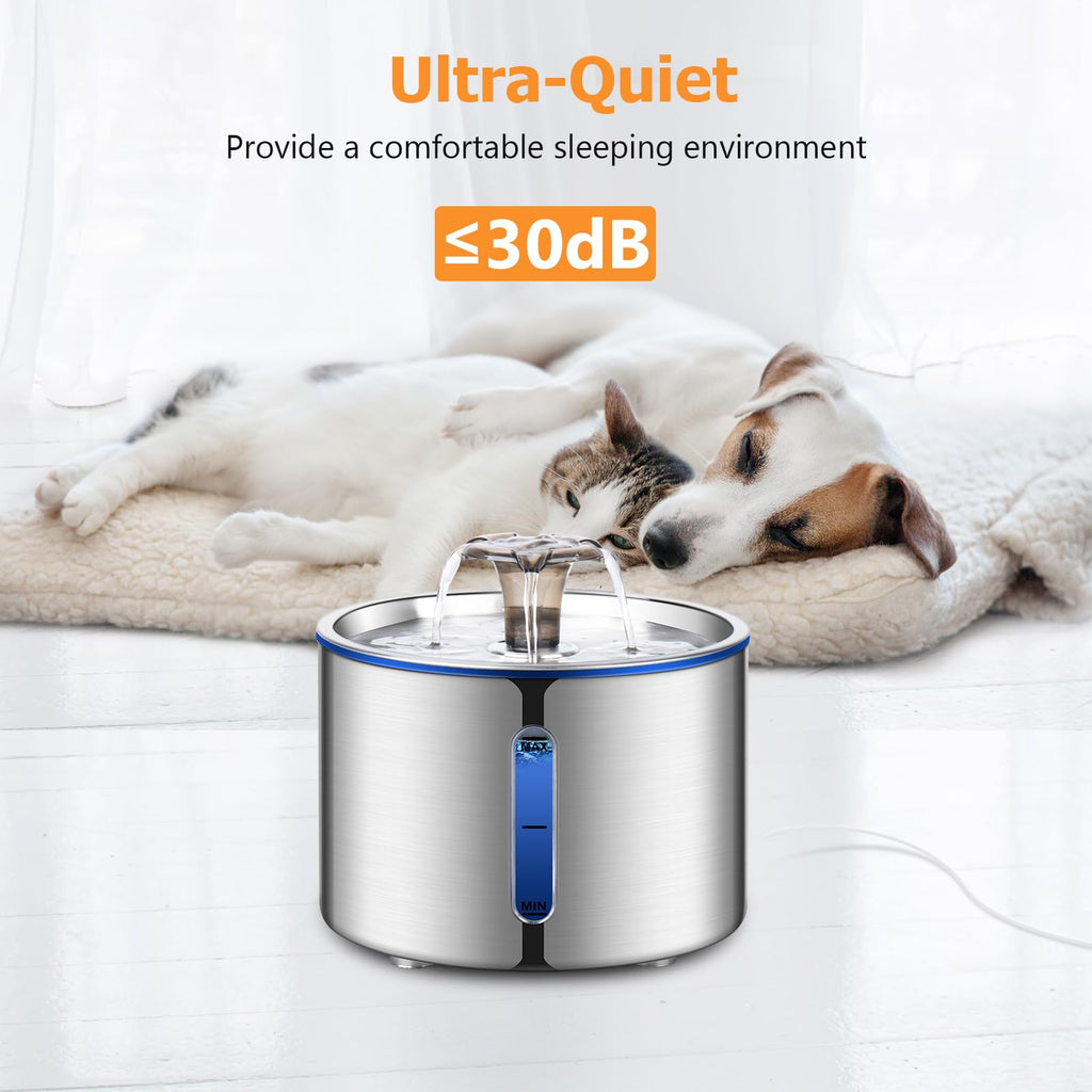BOORCA Cat Water Fountain, 84oz/2.5L Stainless Steel Pet Water Fountain for Cats, Dogs and Multiple Pets, Automatic Dog Water Dispenser with Water Level Window, Ultra-Quiet Pump
