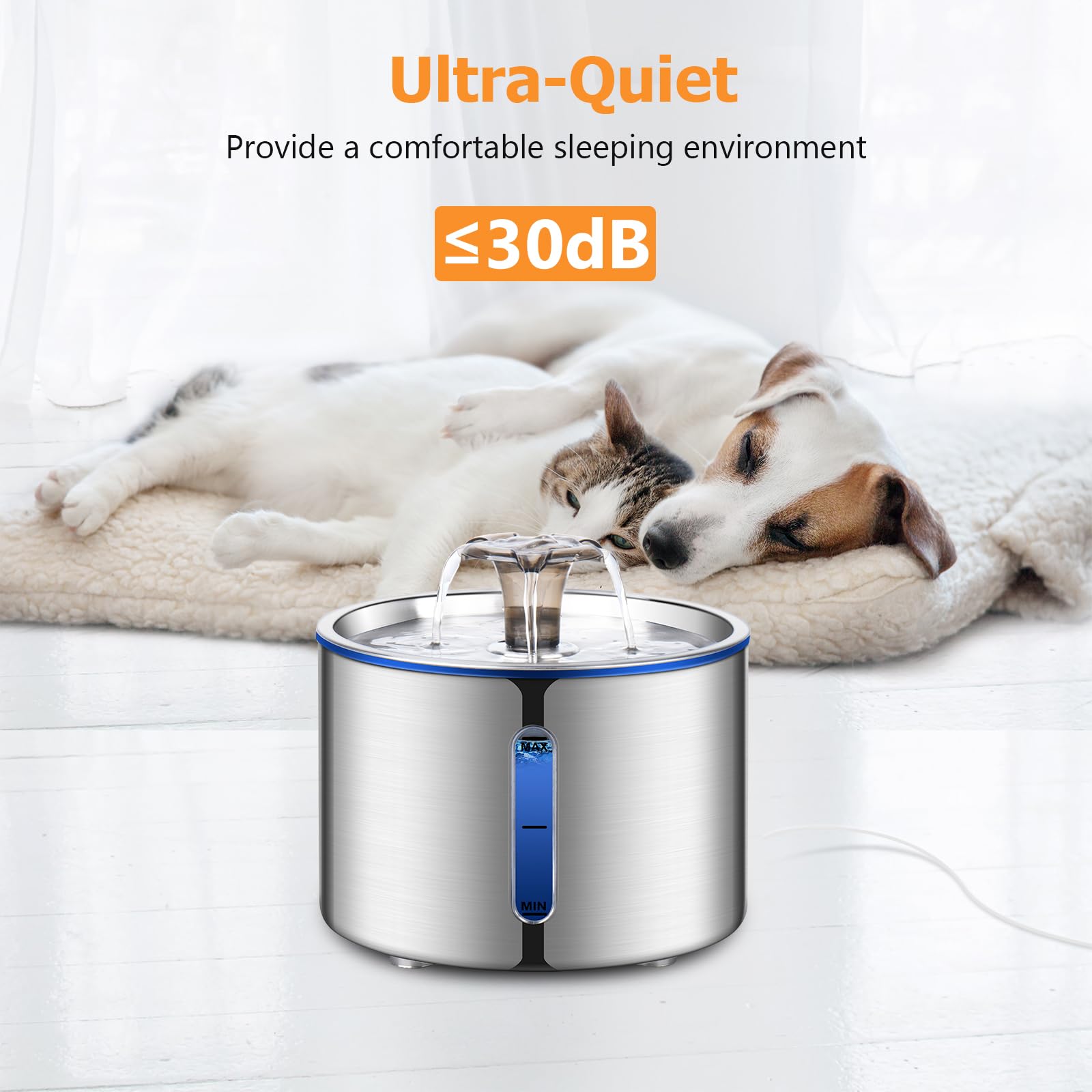 BOORCA Cat Water Fountain, 84oz/2.5L Stainless Steel Pet Water Fountain for Cats, Dogs and Multiple Pets, Automatic Dog Water Dispenser with Water Level Window, Ultra-Quiet Pump