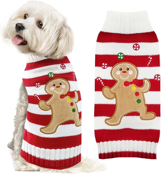 Dog Christmas Sweater Xmas Pet Clothes Cute Striped Gingerbread Man Costume Holiday Puppy Cat Jumpers Outfits New Year Gifts for Small Medium Large Dogs(Red Gingerbread Man,M)