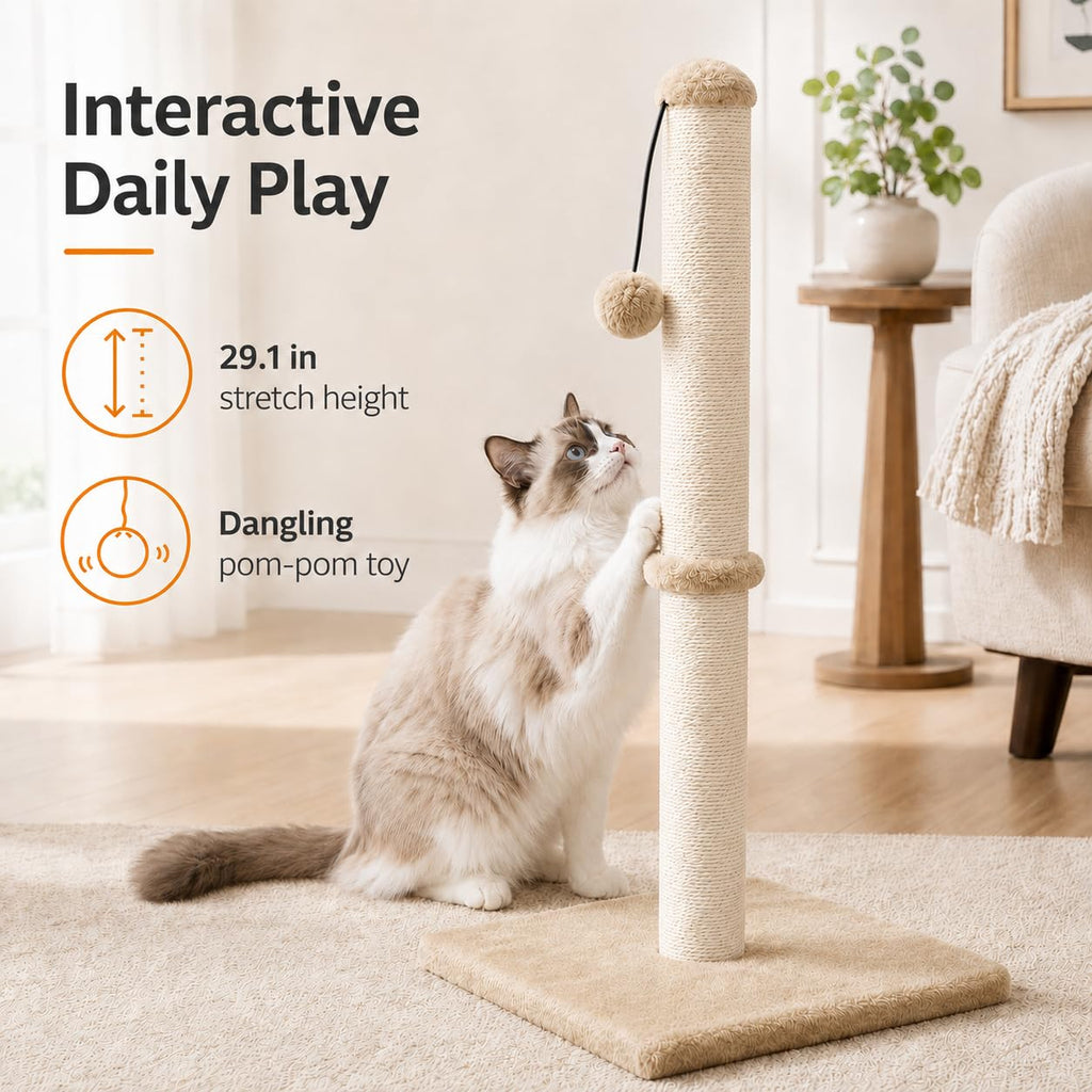 Dimaka 29" Height Tall Cat Scratching Post, Claw Scratcher with Sisal Rope and Covered with Soft Smooth Plush, Vertical Scratch [Full Strectch] for Standard Size Cats (Light Brown, 29 inches)
