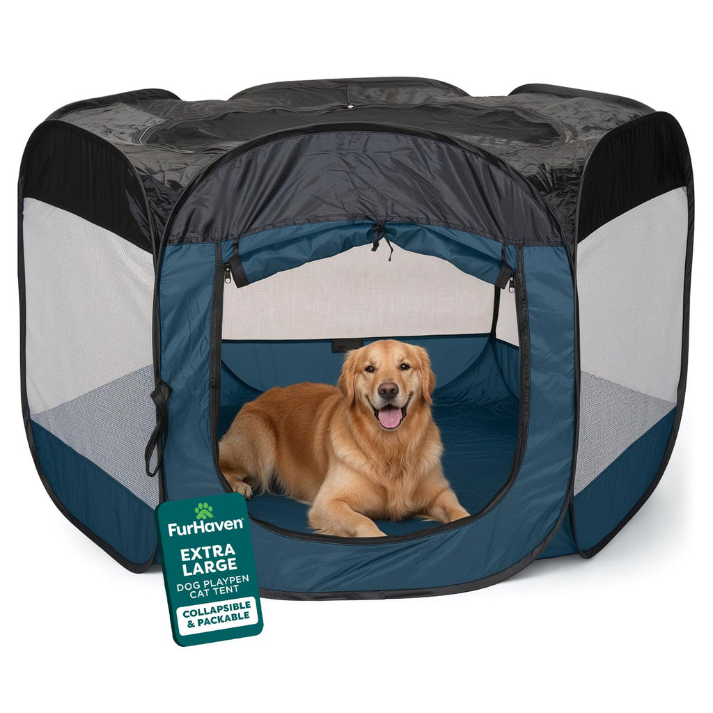 FurHaven Soft-Sided Dog & Cat Playpen, Portable Foldable Indoor & Outdoor Pet Playpen with Mesh Windows & Zippered Door, Sailor Blue, Extra Large