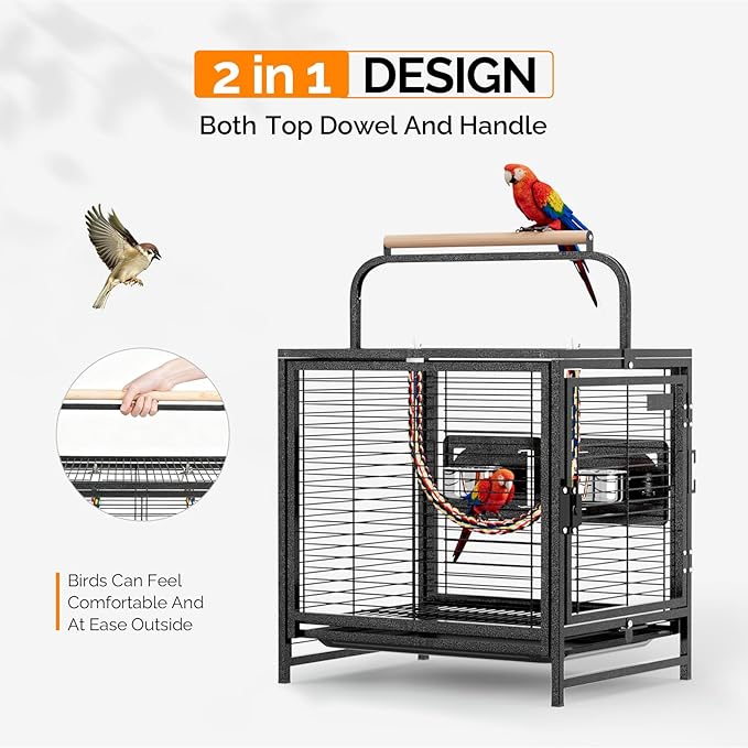 VINGLI Small Bird Cage, 19 inch Travel Carrier Bird Cage with Handle, Wrought Iron Parakeet Cage with Wooden Perch for Parrot Lovebirds Finches Small/Medium Birds (Hammertone Black)