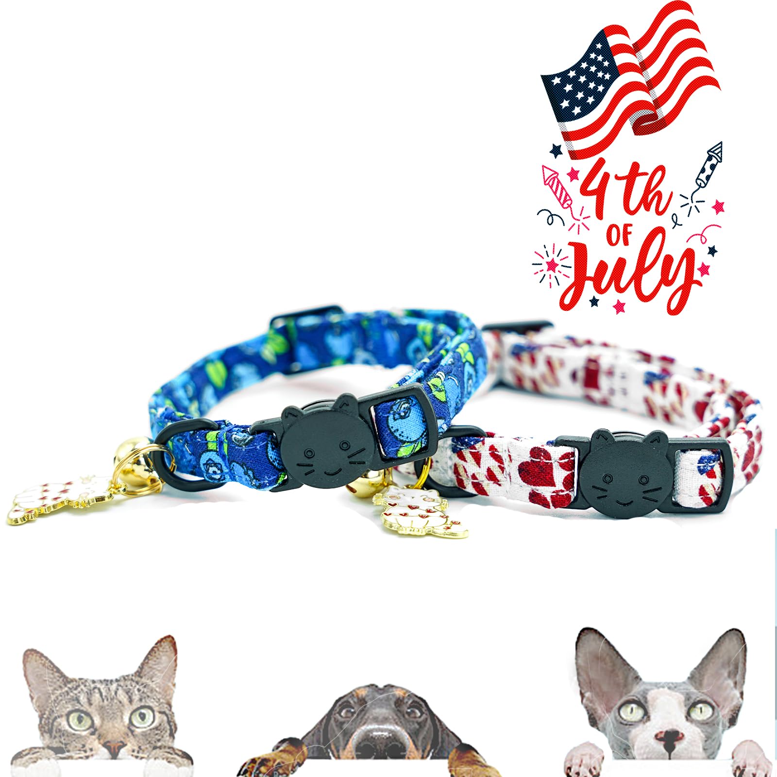 Elegant little tail 2 Pack Cat Collar- Blueberry Cotton Breakaway Cat Collars with Bell Pendant Kitten Boy Girl Safety Adjustable Collar for Small Cats Puppy