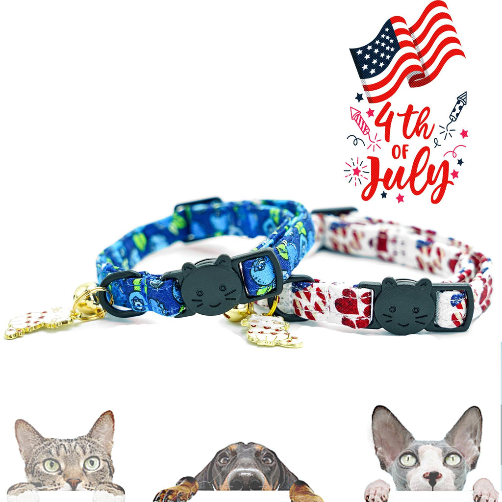 Elegant little tail 2 Pack Cat Collar- Blueberry Cotton Breakaway Cat Collars with Bell Pendant Kitten Boy Girl Safety Adjustable Collar for Small Cats Puppy